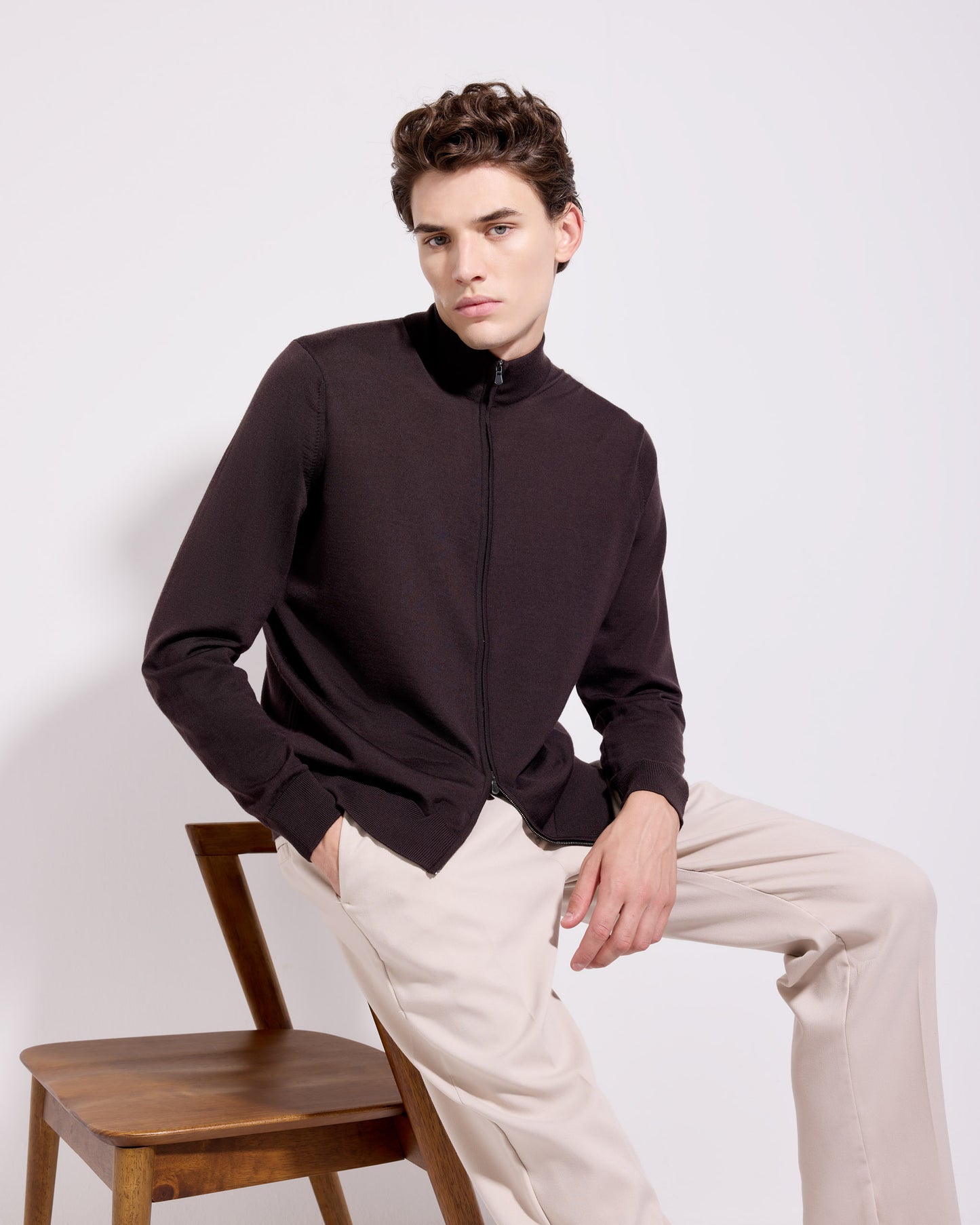 Cardigan full zip royal merino caffè